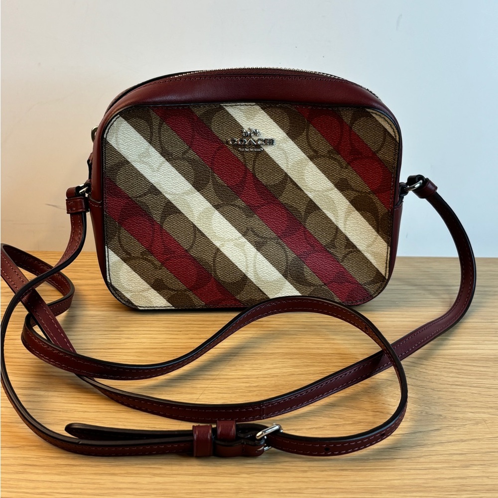 Coach‎ Signature Canvas Varsity Stripe Camera Bag Burgundy Brown Crossbody C0751
